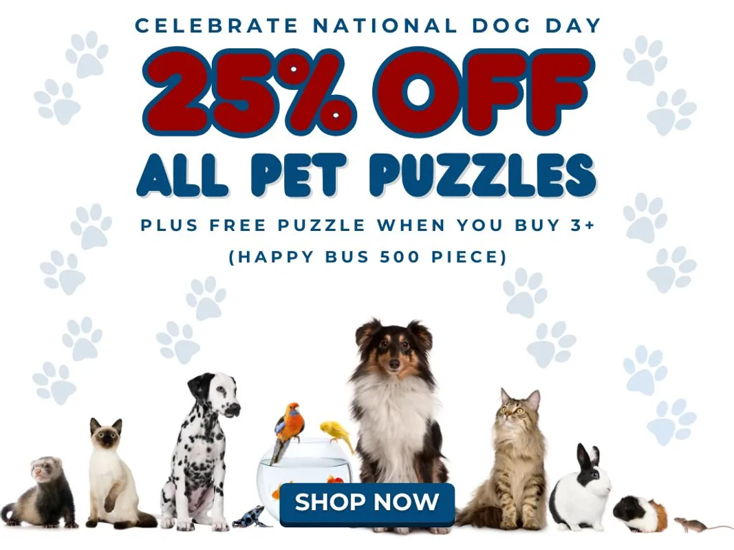25% Off Pet Puzzles for National Dog Day - Plus Free Puzzle Happy Bus 500 when you buy 3+